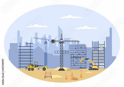 Construction of Building Vector illustration. Architecture Makes Foundation, Pours Concrete, Excavator Digs, Use Machine Tower Cranes, Pile Driving and Grader. Real Estate Cartoon Business