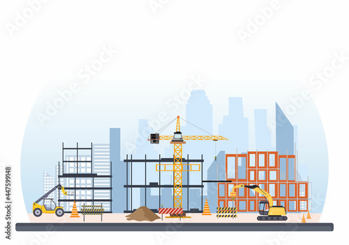 Construction of Building Vector illustration. Architecture Makes Foundation, Pours Concrete, Excavator Digs, Use Machine Tower Cranes and Pile Boring Equipment. Real Estate Cartoon Business
