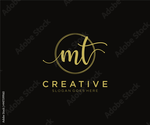 initial MT Feminine logo beauty monogram and elegant logo design, handwriting logo of initial signature, wedding, fashion, floral and botanical with creative template.