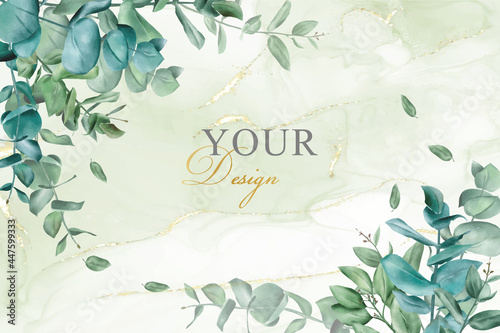 greenery wedding invitation design template with eucalyptus and alcohol ink