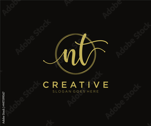 initial NT Feminine logo beauty monogram and elegant logo design, handwriting logo of initial signature, wedding, fashion, floral and botanical with creative template.