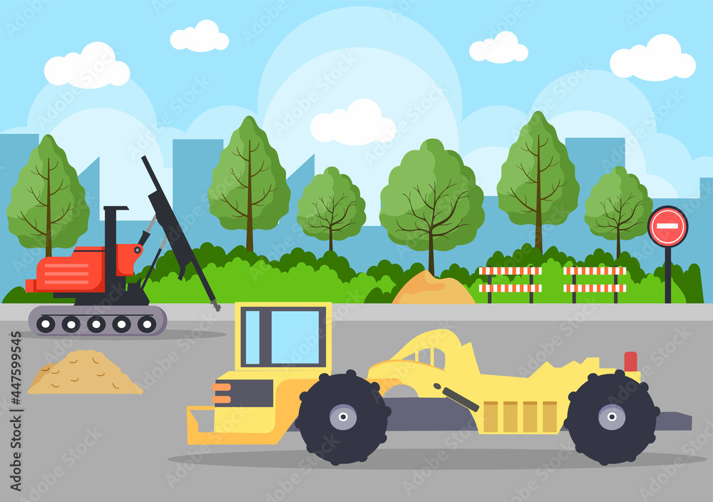 Naklejka premium Construction of Building Vector illustration. Architecture Makes Foundation, Pours Concrete, Excavator Digs, Use Machine Pile Boring Equipment and Tractor. Real Estate Cartoon Business