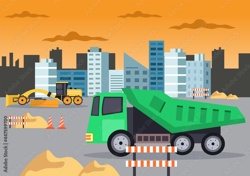 Construction of Building Vector illustration. Architecture Makes Foundation, Pours Concrete, Excavator Digs, Use Machine Tower Cranes, Graders and Off-highway Truck. Real Estate Cartoon Business