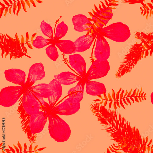 Scarlet Seamless Exotic. Red Pattern Nature. Pink Tropical Texture. Coral Flower Textile. Ruby Drawing Vintage. Spring Vintage. Flora Vintage. Floral Nature.