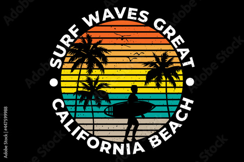 T-shirt silhouette surf waves california beach palm tree retro style