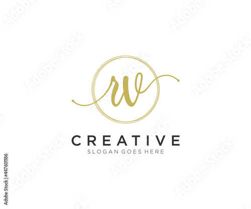 initial RV Feminine logo beauty monogram and elegant logo design, handwriting logo of initial signature, wedding, fashion, floral and botanical with creative template.