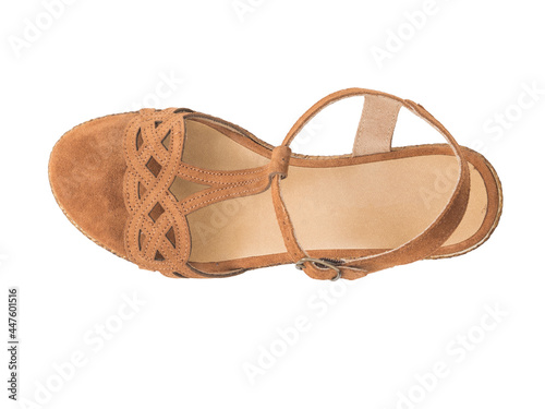 Top view of a woman's suede sandal isolated on a white background.