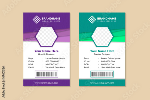 Corporate ID Card Design Template with hexagon space for photo. flat of multicolored purple and green for element designs. diagonal style business identity card.