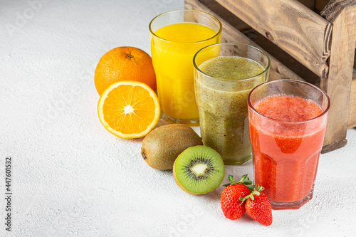 Variety of fruit juices. Fruit smoothies.