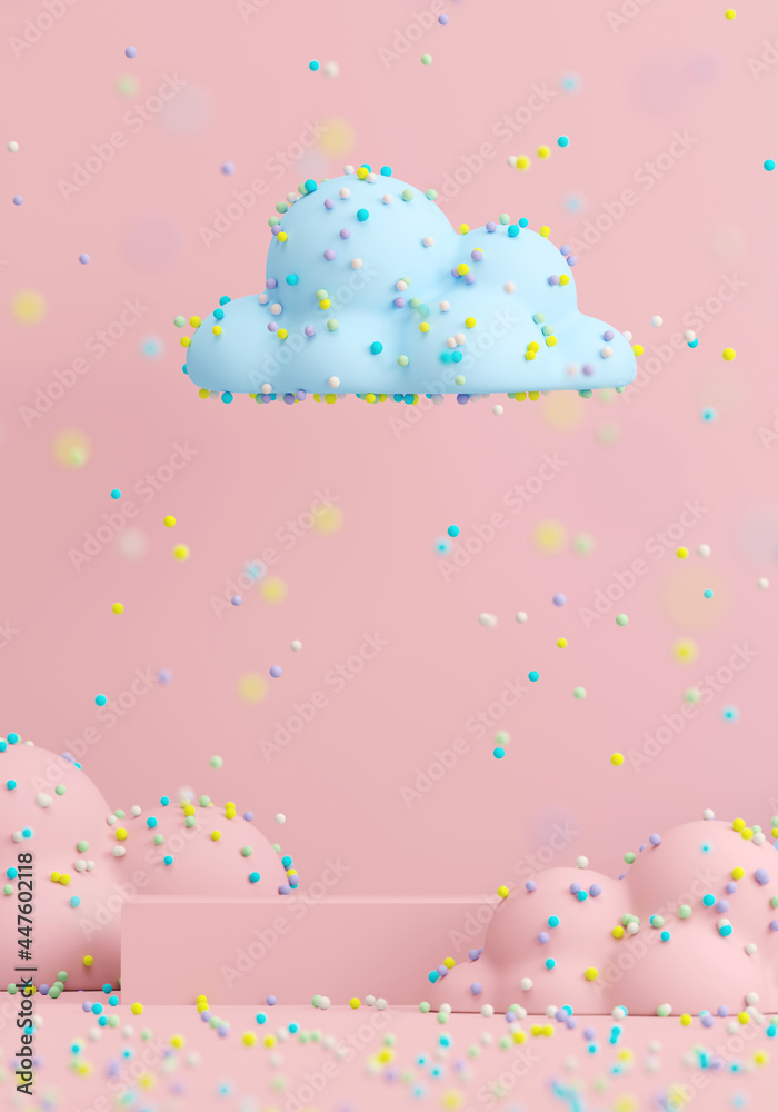 Minimal beverage background for dessert presentation. Pink podium and cloud with sprinkle. Café poster templates mock up. Clipping path of each element included. 3d rendering illustration. 