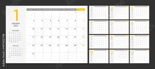Calendar 2022 week start Monday corporate design planner template.