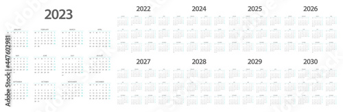 Calendar 2022 2023 2024 2025 2026 2027 2028 2029 2030 week start Monday corporate design planner template.
