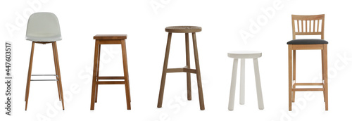 Set with stylish stools on white background. Banner design