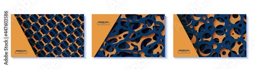 Set of abstract banners with cut out organic shapes, circles and hexagon in paper cut style. Collection of layered 3d papercut backrounds. Vector card illustration in dark blue and orange shapes