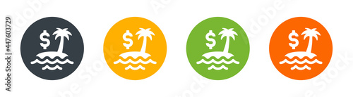 Tax haven, tax paradise, hidden money on island icon.