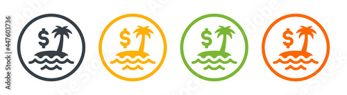 Island with dollar currency icon. Tax haven or fiscal paradise symbol graphic.