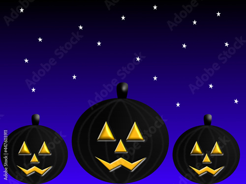 Black jack-o-lanterns with glowing eyes on a starry night 