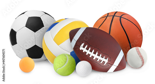 Group of different sport balls on white background