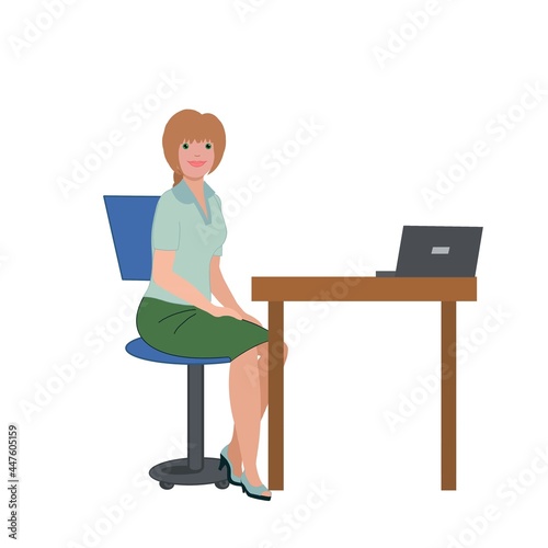 Illustration of a sitting young girl working at a computer in the office or at home, a freelancer, on a white background. For a manual, checklist, presentation, advertisement, leaflet, booklet, manual