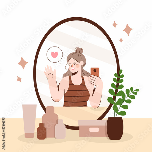 High self-esteem illustration with woman taking a selfie