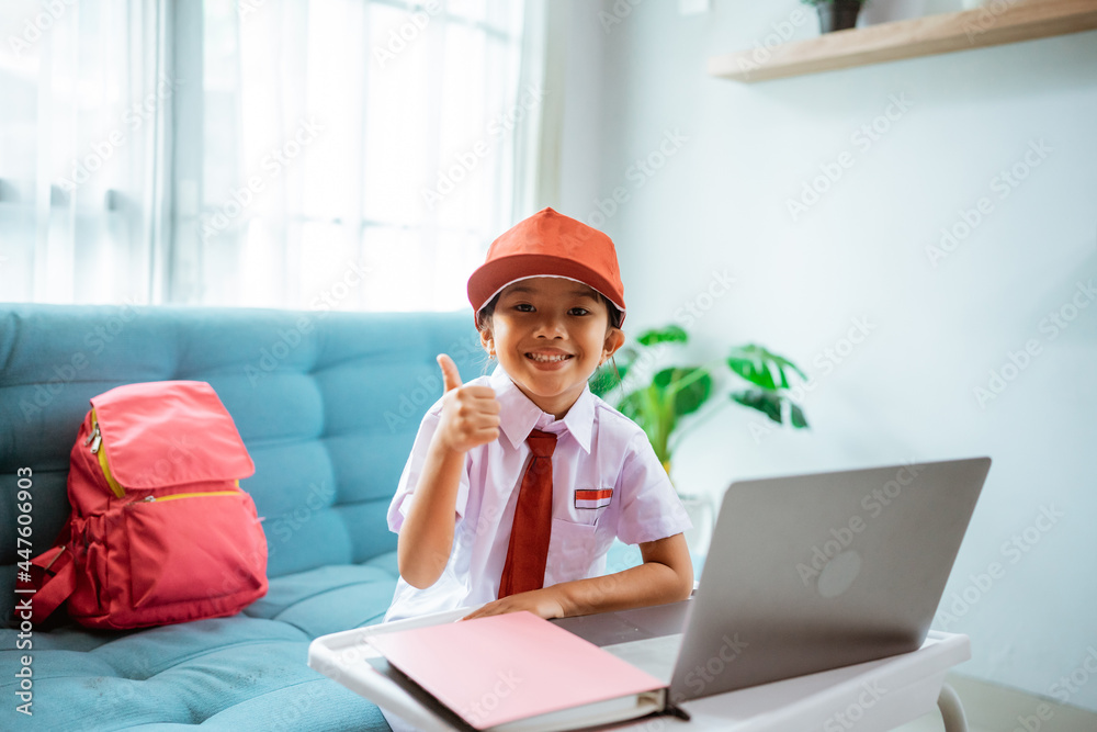 asian primary student showing thumbs up while using laptop during online class session asian primary student showing thumbs up while using laptop during online class session