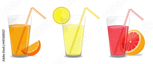 Set of citrus juices: orange, lemonade, grapefruit. Refreshing juices with straw in glass. Vector illustration.