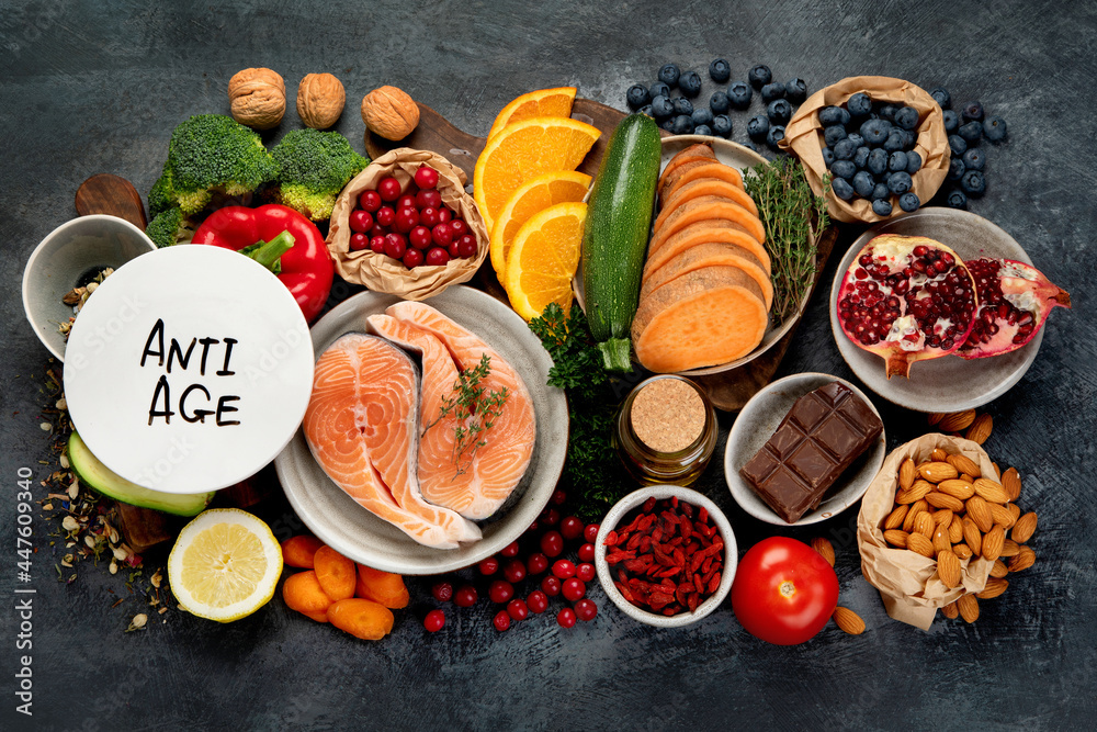 Anti aging menu on dark gray background. High in antioxidants, minerals and vitamins.