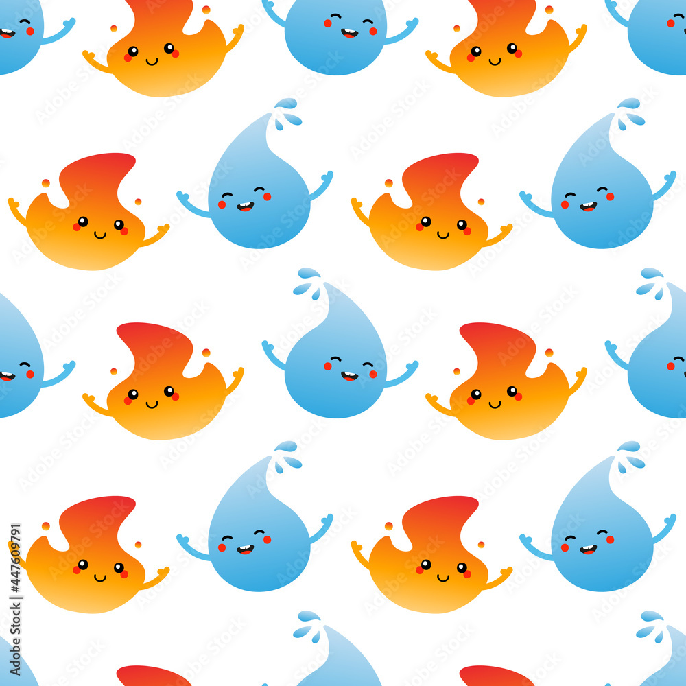 Fototapeta premium Blue water drop and burning fire, flame characters vector seamless pattern background for nature design.
