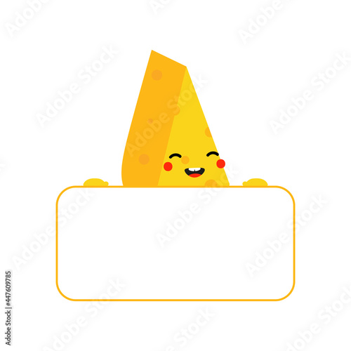 Cute and smiling cartoon style cheese chunks, dairy products character holding in hands blank card, banner.