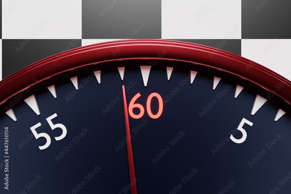 3d illustration close up of black round clock, stopwatch shows the ...