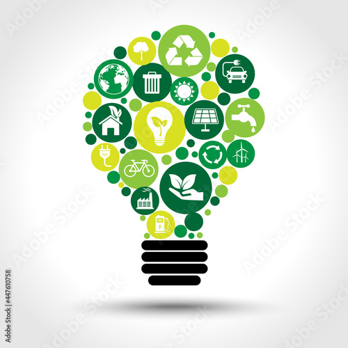 green ecology icons form of light bulbs. environmentally friendly with eco symbol concept. vector illustration in flat style modern design. isolated on white background.