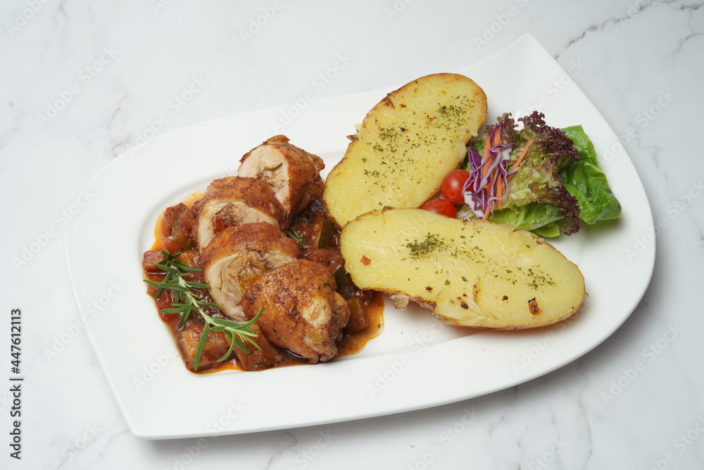 Grilled chicken roll with potato