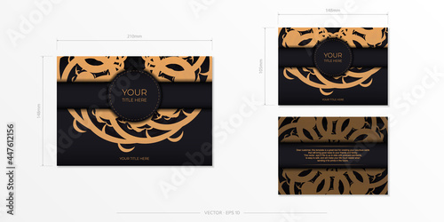 Luxurious black rectangular postcard template with vintage abstract mandala ornament. Elegant and classic vector elements are great for decoration.