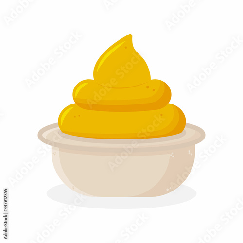  Mustard in small round bowl. Mustard sauce isolated on white background, side view. Tasty creamy dressing for food