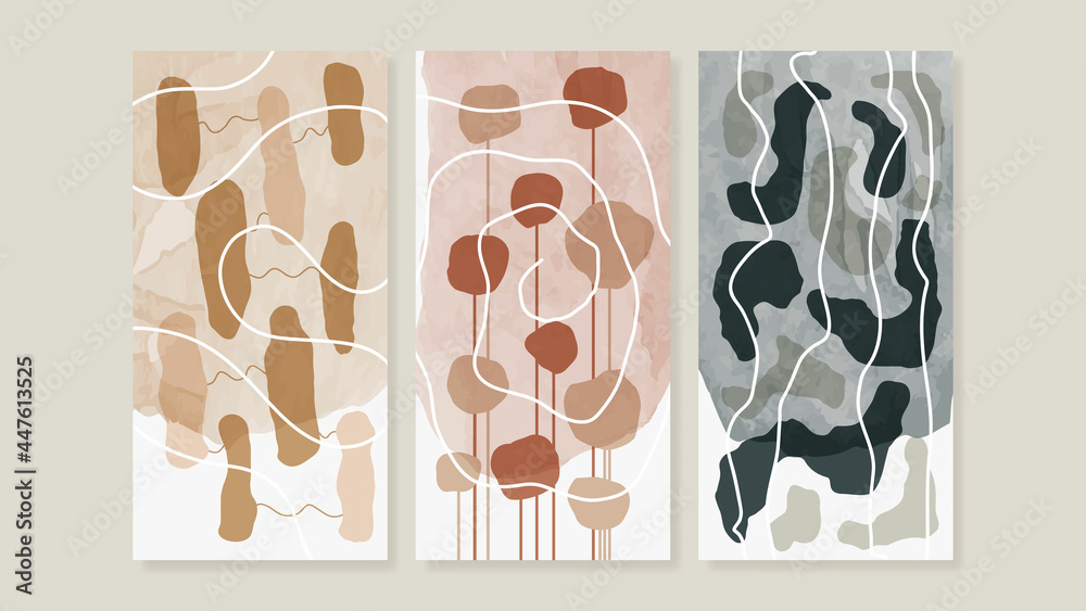 Mid century modern triptych wall art vector. Abstract art background with Natural line drawing  and watercolor organic shapes hand paint design for wall decor, poster and wallpaper.