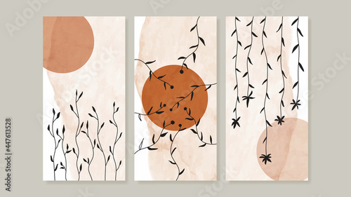 Mid century modern triptych wall art vector. Abstract art background with Natural line drawing  and watercolor organic shapes hand paint design for wall decor, poster and wallpaper.