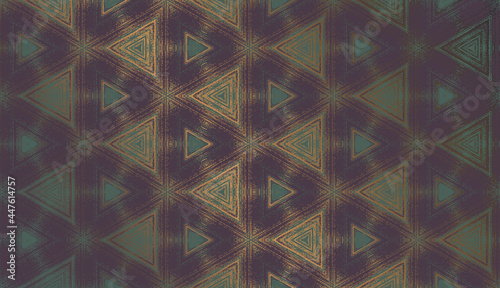 Geometric abstract textured kaleidoscope triangle pattern in gloomy mood, suitable for Halloween. Ornament in dark purple, teal and gold for wrapping paper, wallpaper background, package design.