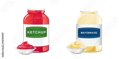 Ketchup and mayonnaise in jar set. Vector illustration in flat cartoon style.