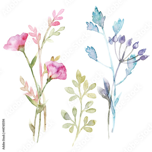 Beautiful floral set with cute watercolor hand drawn abstract wild flowers. Stock illustration.