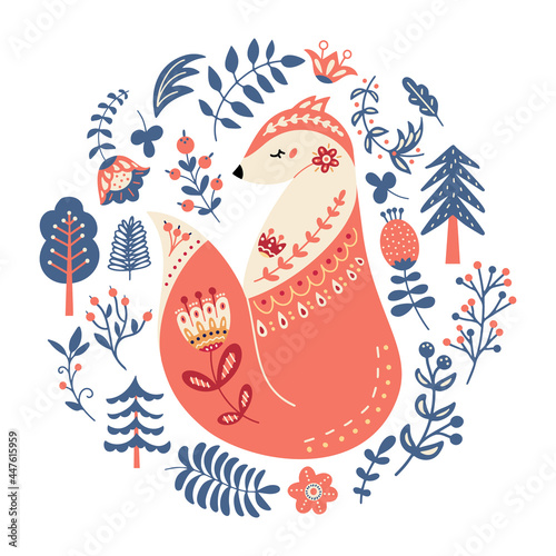 Vector fox in scandinavian style Folk forest animal