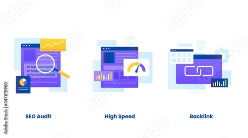 search engine optimization concept vector illustration set. Illustrations for websites, landing pages, mobile applications, posters and banners.