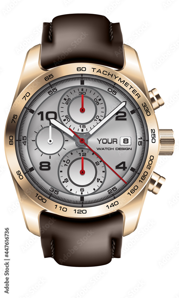 Realistic gold watch clock chronograph grey face red white arrow black number leather strap brown on white design classic luxury vector illustration. Realistic gold watch clock chronograph grey face red white arrow black number leather strap brown on white design classic luxury vector illustration.
