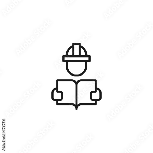 Line icon of construction worker reading instruction