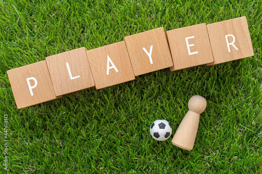 Obraz premium サッカー選手｜「PLAYER」と書かれた積み木と人形とサッカーボールのおもちゃ