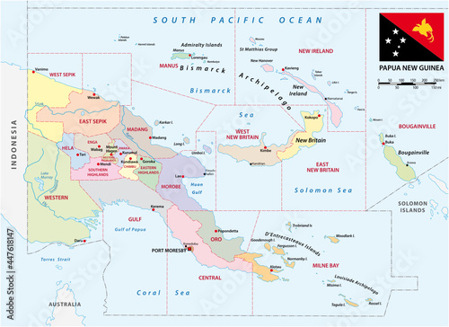 administrative vector map of the provinces of papua new guinea with flag
