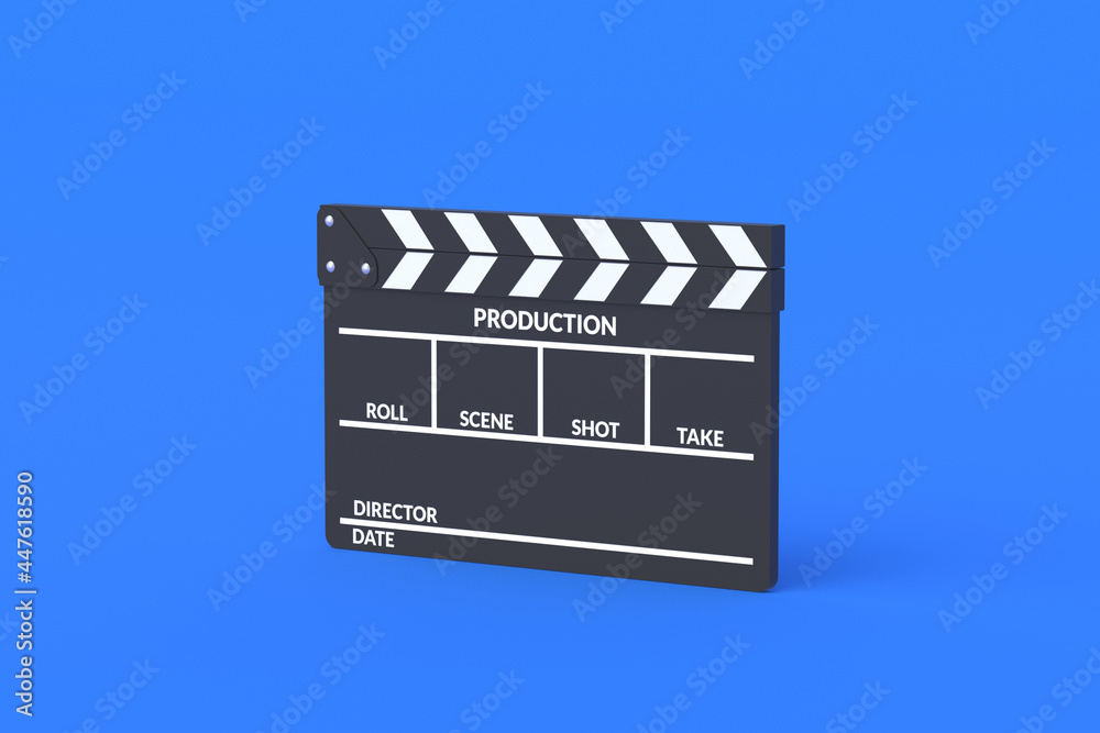 Movie clapper board on blue background. Filmmaking accessories. Cinematography concept. Film in the cinema. 3d render