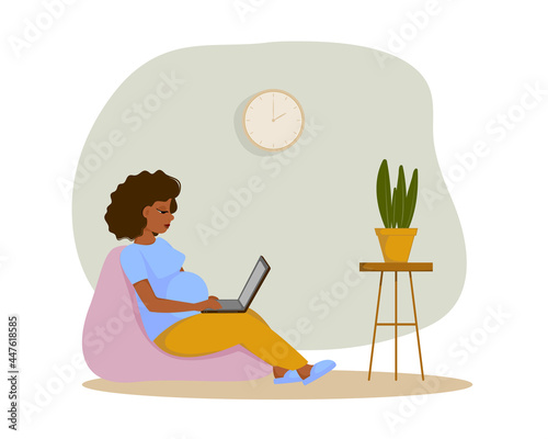 Cute pregnant woman working from home with laptop while sitting in a bag chair. Freelance, coworking concept. Vector illustration. Flat design.