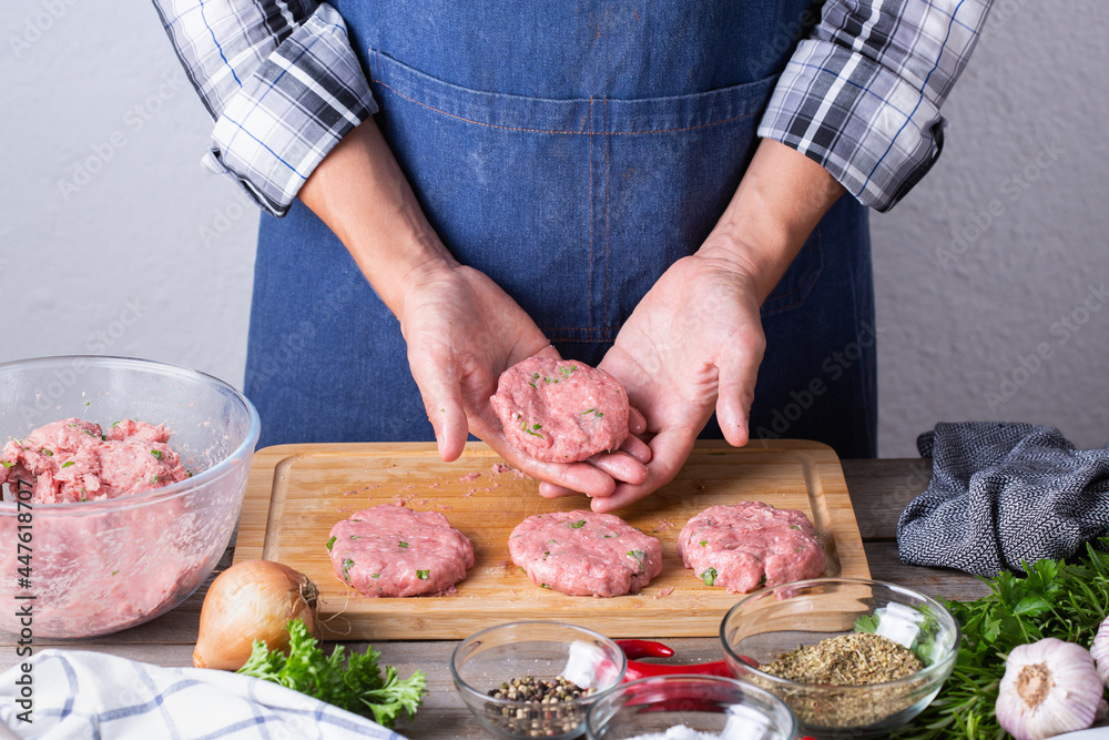 Raw beef and pork cutlets preparation at home