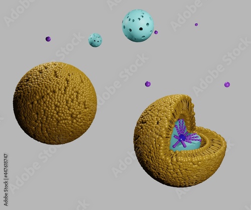 Lipid bilayer coating nanoparticle drug delivery inside of mesoporous silica 3d rendering photo
