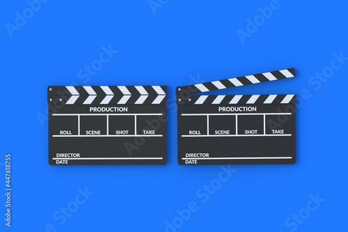 Movie clapper boards on blue background. Filmmaking accessories. Cinematography concept. Film in the cinema. Top view. 3d render